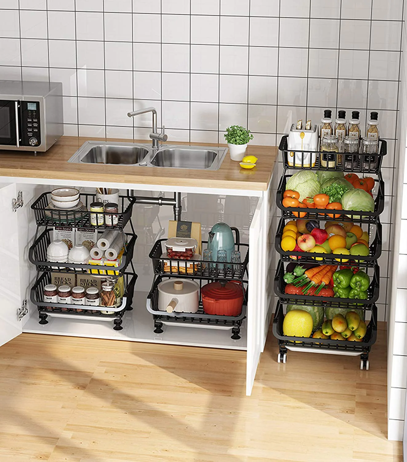 Suport organizator cu roti si 5 etaje pentru fructe si legume, metalic, pentru bucatarie [6]