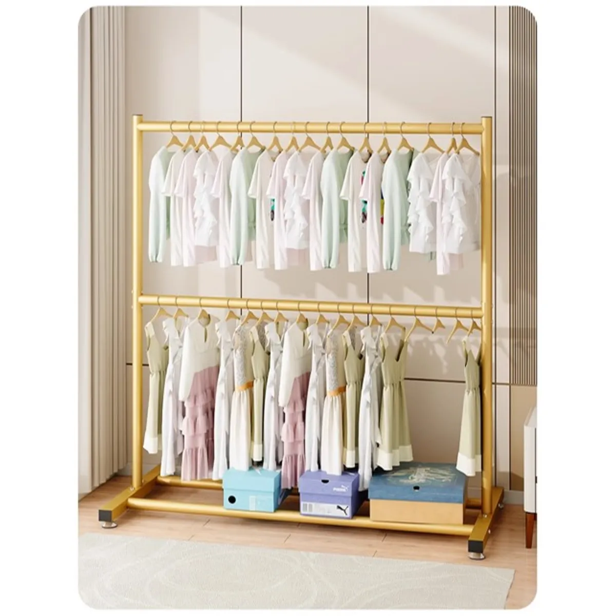 Suport pentru Haine Metalic cu 2 Niveluri si Raft Inferior, Organizator Haine Dormitor/Hol, Cadru Metalic Rezistent, Auriu [5]
