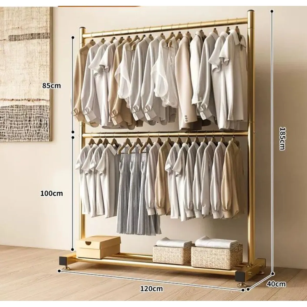 Suport pentru Haine Metalic cu 2 Niveluri si Raft Inferior, Organizator Haine Dormitor/Hol, Cadru Metalic Rezistent, Auriu [1]