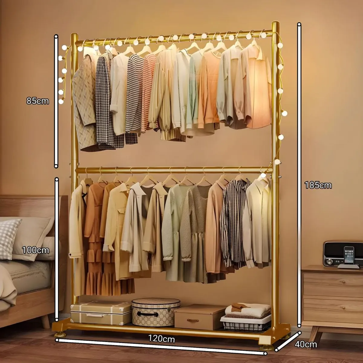 Suport pentru Haine Metalic cu 2 Niveluri si Raft Inferior, Organizator Haine Dormitor/Hol, Cadru Metalic Rezistent, Auriu [3]