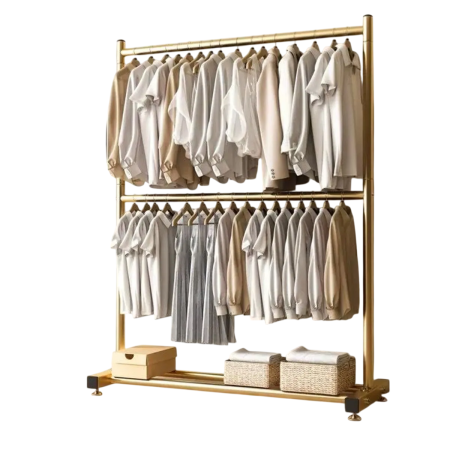 Suport pentru Haine Metalic cu 2 Niveluri si Raft Inferior, Organizator Haine Dormitor/Hol, Cadru Metalic Rezistent, Auriu [0]
