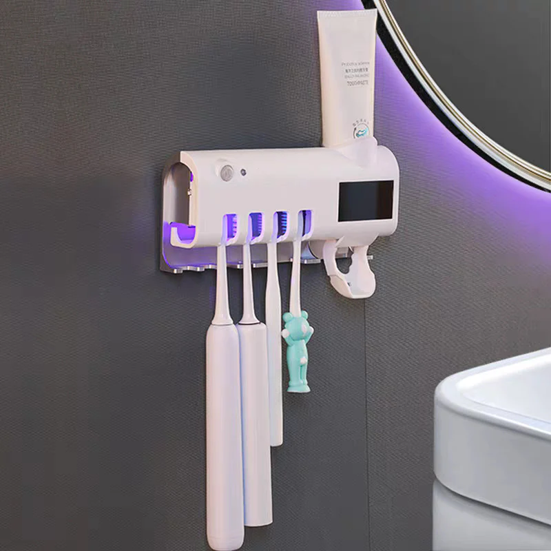 Suport periute de dinti cu Dozator pasta de dinti si Sterilizator UV