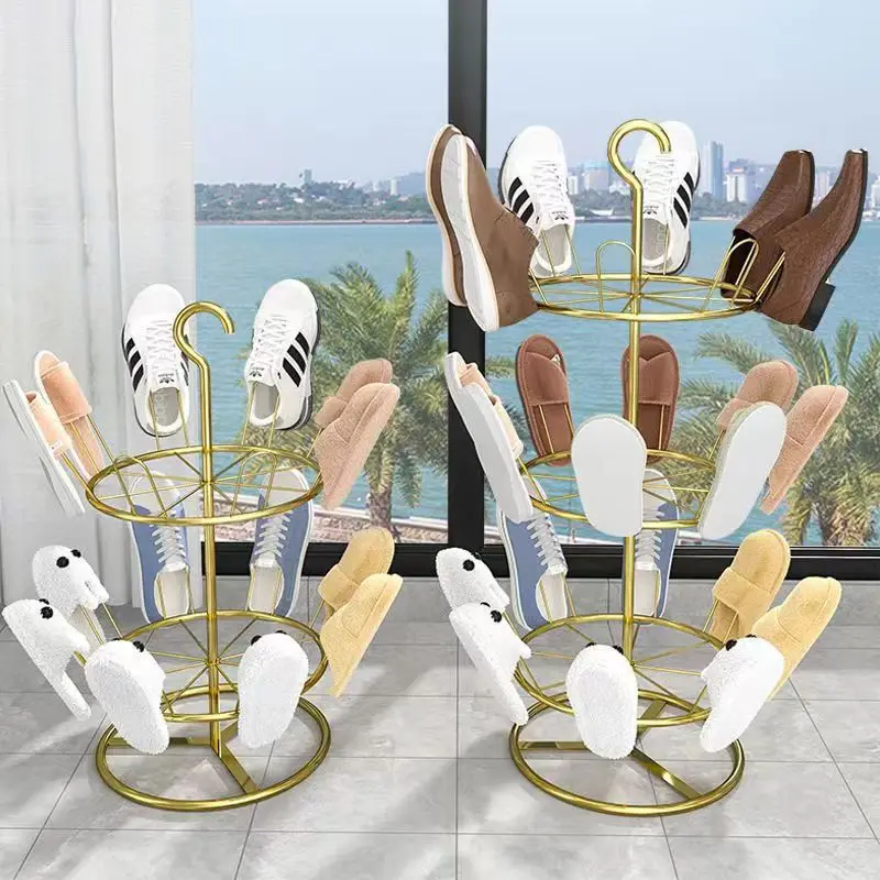 Suport Rotativ pentru Pantofi cu 3 Niveluri, Organizator Incaltaminte Metalic, Raft Pantofi pentru Hol sau Dressing, Design Modern, Auriu [3]