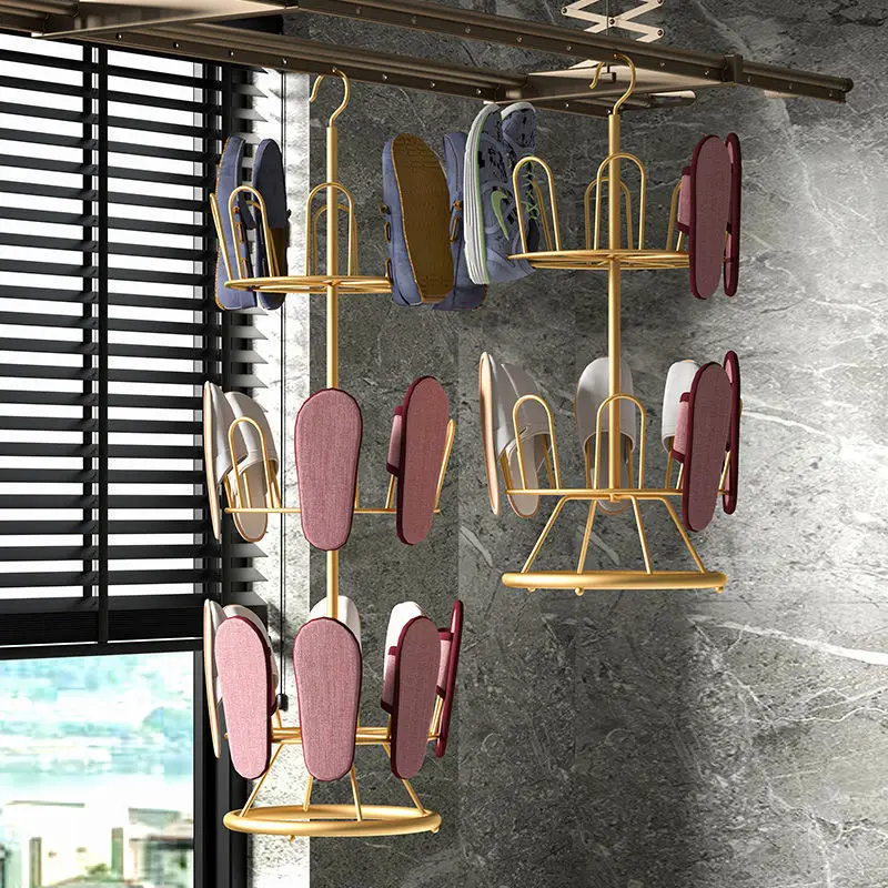 Suport Rotativ pentru Pantofi cu 3 Niveluri, Organizator Incaltaminte Metalic, Raft Pantofi pentru Hol sau Dressing, Design Modern, Auriu [8]