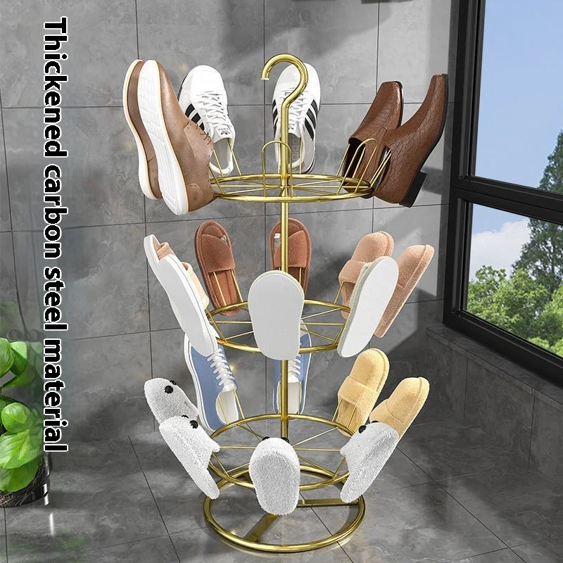 Suport Rotativ pentru Pantofi cu 3 Niveluri, Organizator Incaltaminte Metalic, Raft Pantofi pentru Hol sau Dressing, Design Modern, Auriu [6]