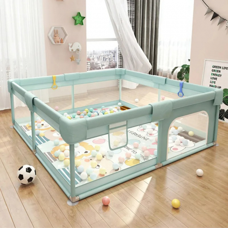 TOATE PRODUSELE - Tarc de Joaca Premium pentru Copii, Design Spatios si Sigur, Plasa de Protectie, Usa cu Fermoar, 130x130x60cm, Verde/Gri/Roz
