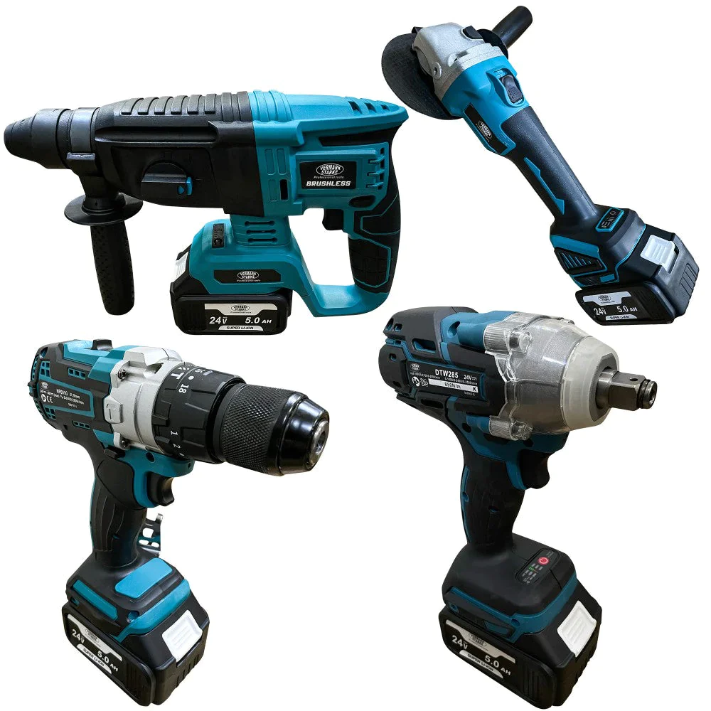 Trusa 4 Scule cu 2 Acumulatori 128V, Bormasina Impact, Polizor Unghiular, Rotopercutor, Autofiletanta