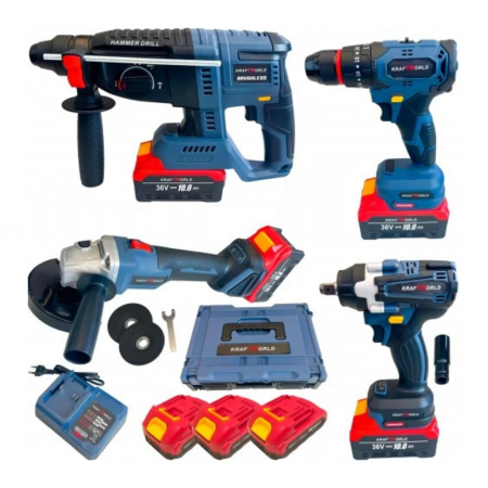 TOATE PRODUSELE - Trusa 4 Scule, Masina cu Impact + Rotopercutor + Polizor/Flex + Bormasina, cu 3 Acumulatori 36V 10AH, KraftWorld
