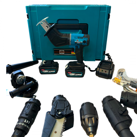 Trusa 8 in 1 German Meister, 128V 8AH cu 2 Acumulatori, Scule Interschimbabile (Bormasina, Masina cu Impact, Rotopercutor, Flex, Fierastrau Sabie, Drujba, Suflanta aer, Aparat Spalat cu Presiune) [6]