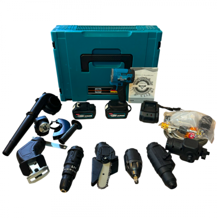 TOATE PRODUSELE - Trusa 8 in 1 German Meister, 128V 8AH cu 2 Acumulatori, Scule Interschimbabile (Bormasina, Masina cu Impact, Rotopercutor, Flex, Fierastrau Sabie, Drujba, Suflanta aer, Aparat Spalat cu Presiune)