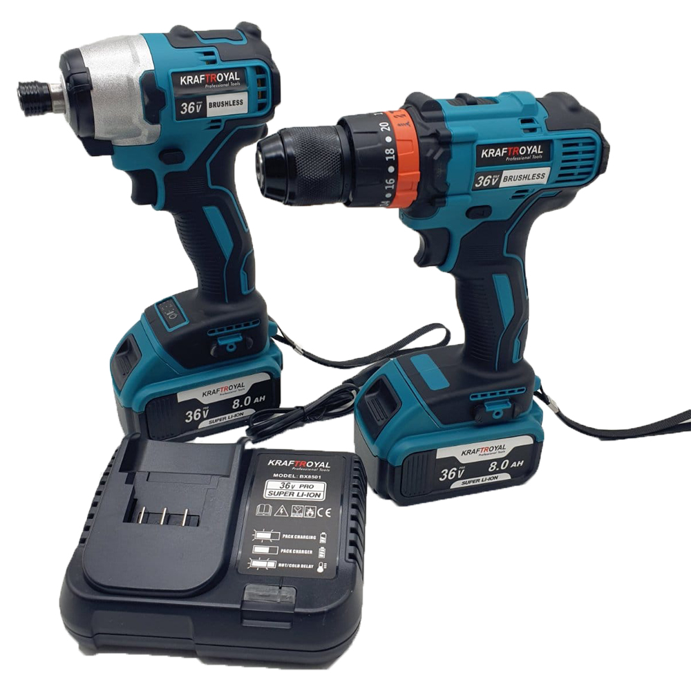 TOATE PRODUSELE - Trusa Bormasina cu Impact + Bormasina de gaurit si insurubat KraftRoyal cu 2 Acumulatori 36V 8 Ah