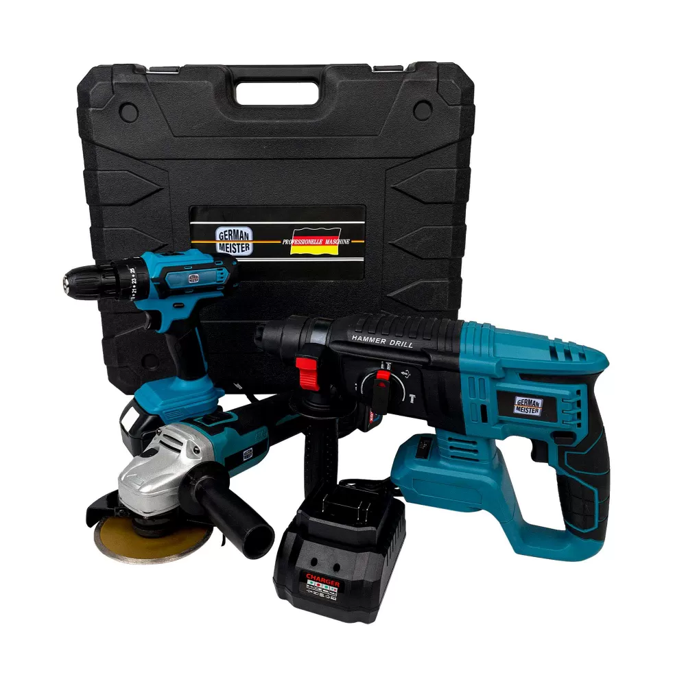 TOATE PRODUSELE - Trusa German Meister Bormasina + Polizor/Flex + Rotopercutor, cu 2 Acumulatori 128V 6AH