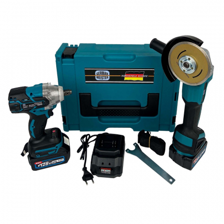 TOATE PRODUSELE - Trusa German Meister Masina cu Impact + Polizor Unghiular cu 2 Acumulatori 128V 8AH