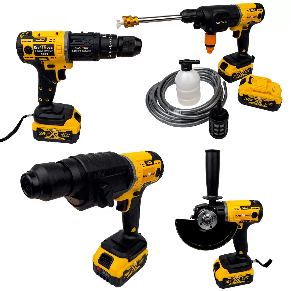 TOATE PRODUSELE - Trusa KraftRoyal 5 in 1 cu 2 Acumulatori 36V 8AH, Autofiletanta, Masina Impact, Flex, Rotopercutor, Pistol Spalat cu Presiune