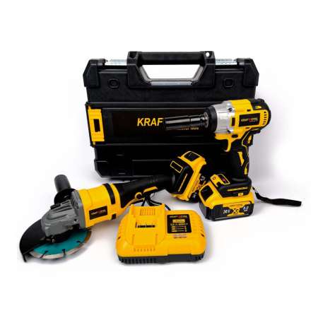 TOATE PRODUSELE - Trusa KraftWold Masina de Insurubat cu Impact + Polizor Unghiular / Flex cu 2 Acumulatori 36V 8AH