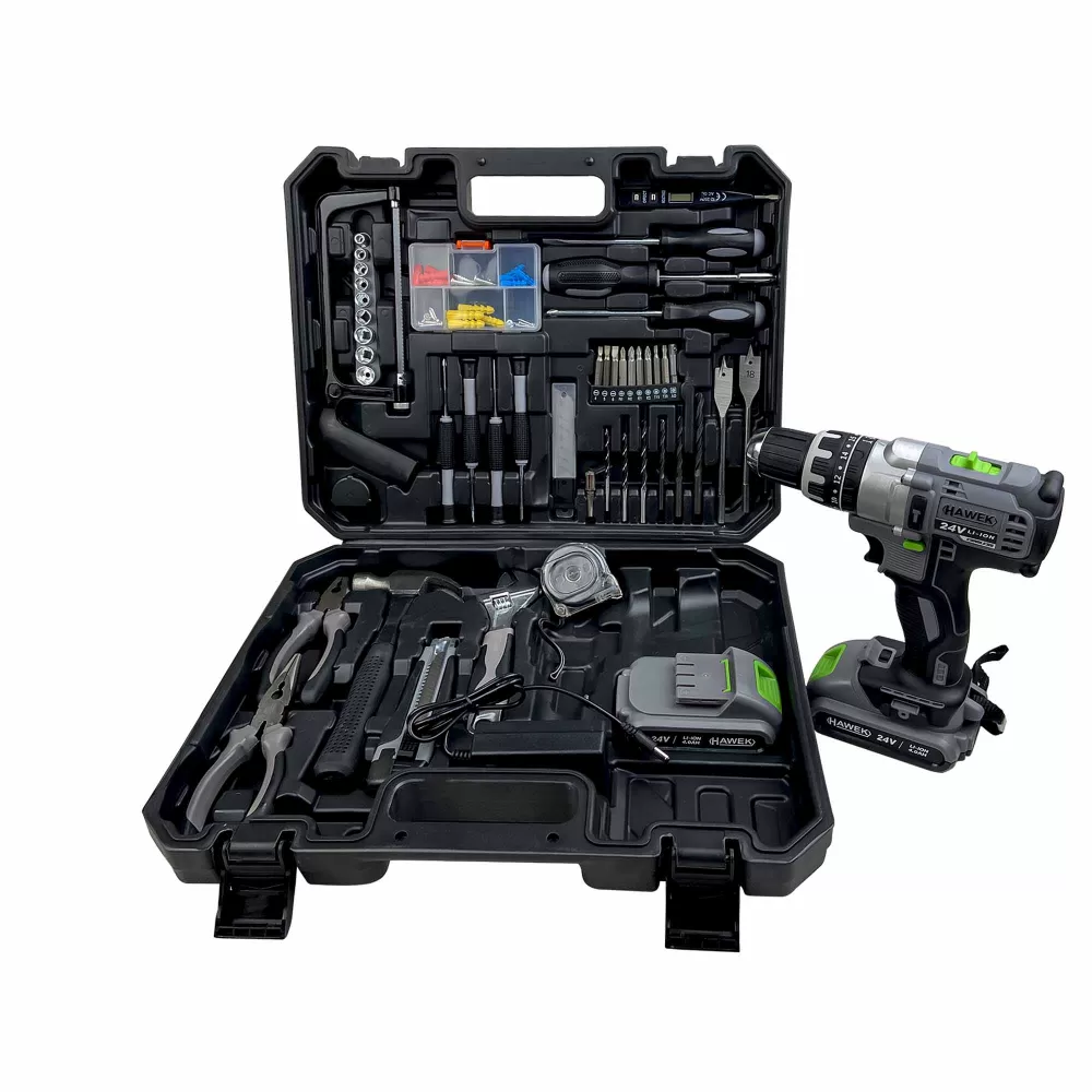 TOATE PRODUSELE - Trusa Masina de gaurit, Bormasina Hawek cu percutie + 110 piese, 2 Acumulatori 24 V 4 AH