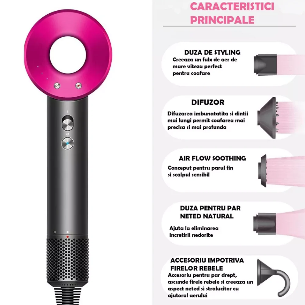 Uscator de par profesional, motor digital 1600W, 5 accesorii, duze magnetice, ionizare, 3 trepte temperatura [1]