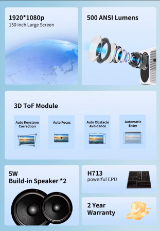 Videoproiector LED Full HD 1080p, 500 ANSI lumeni, Android 11, portabil, 1kg, distanta proiectie 1-6 metri, contrast 3000:1, boxa integrata, proiectie filme [12]