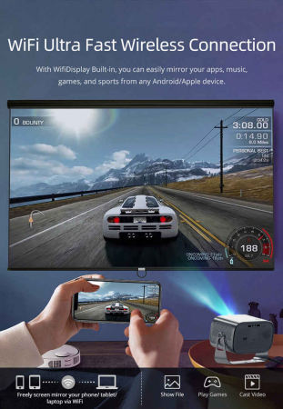 Videoproiector LED LCD Portabil 1280x720P, 150 ANSI lumeni, Contrast 2000:1, WiFi, Bluetooth, HDMI, AV, USB [8]