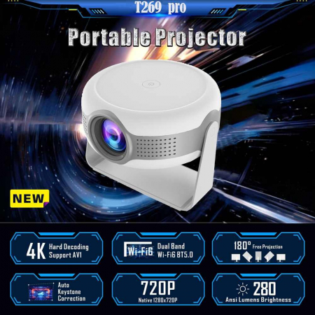 Videoproiector portabil HD, Rotire 360 grade, 280 ANSI lumeni, Android 12, Ram 1 GB, Stocare 8 GB, WiFi6, Bluetooth 5.2, Difuzor incorporat [6]