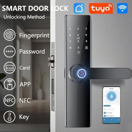 Yala Inteligenta Smart cu Amprenta, Cod PIN, Card IC si Aplicatie - Incuietoare Electronica WiFi/Bluetooth, Control Acces, Negru [1]