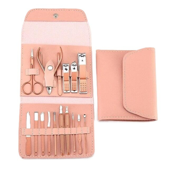 Set cu 16 accesorii pentru Manichiura, Pedichiura si Fata, Geanta Organizatoare, Roz [1]