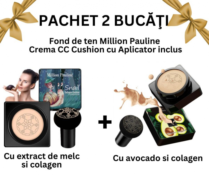 Pachet 2 Bucăţi -Fond de ten/Crema CC Cushion,  Aplicator inclus, 02 Natural, MillionPauline [2]