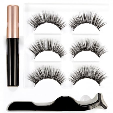 GENE FALSE - Set Gene False Magnetice 3D, 1 Aplicator, 1 Eyeliner Magnetic Negru, Waterproof, 3 perechi