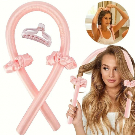 INGRIJIRE PAR - Set Ondulator pentru bucle naturale, fara caldura, 2 Elastice par si clama, Roz