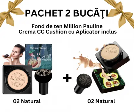 SETURI - Pachet 2 Bucăţi -Fond de ten/Crema CC Cushion,  Aplicator inclus, 02 Natural, MillionPauline