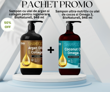 INGRIJIRE PAR - Pachet Promo - Sampon cu ulei de argan si colagen, pentru regenerare si Sampon ultra-nutritiv cu ulei de cocos si Omega 3, 2*946ml