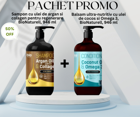 INGRIJIRE PAR - Pachet Promo - Sampon cu ulei de argan si colagen, pentru regenerare si Balsam ultra-nutritiv cu ulei de cocos si Omega 3, 2*946ml