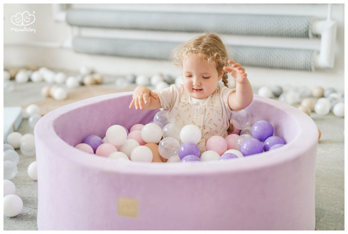 Piscina uscata cu 250 de bile (Alb Perlat, Alb, Lila) MeowBaby®, Lavanda, 90x40 cm, Catifea Lila [3]