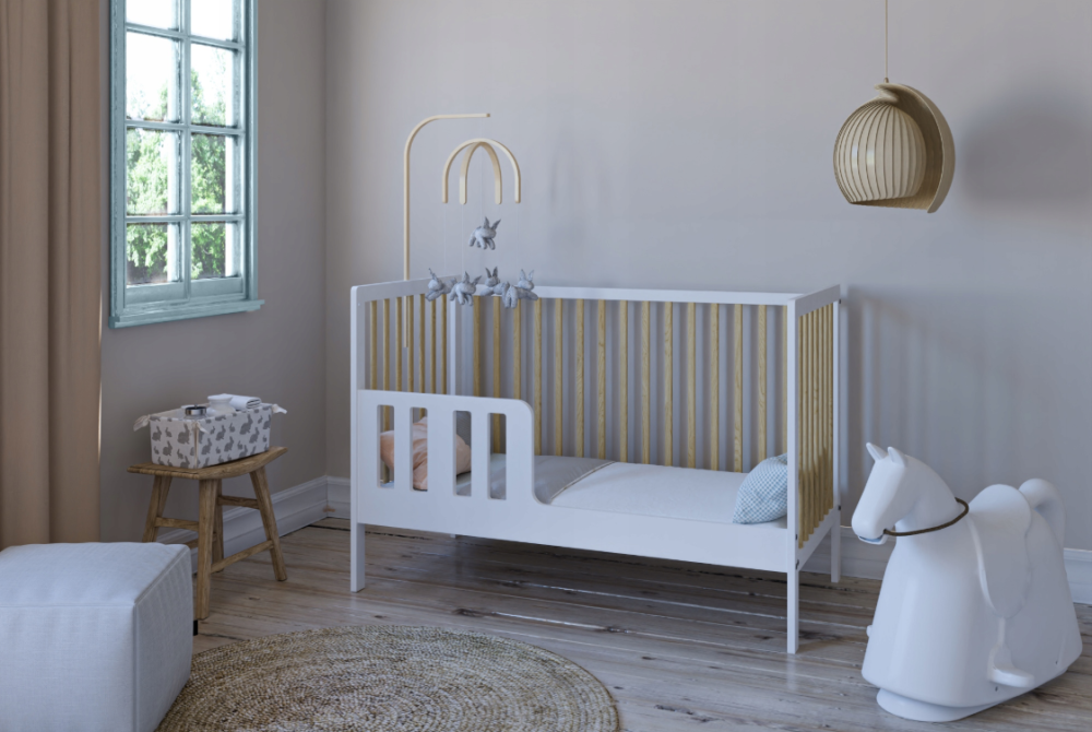 Pătuț 2 în 1 LUMI alb-natur 120x60 cm din Lemn, 3 niveluri somieră, Trepte detașabile + Barieră transformare [3]