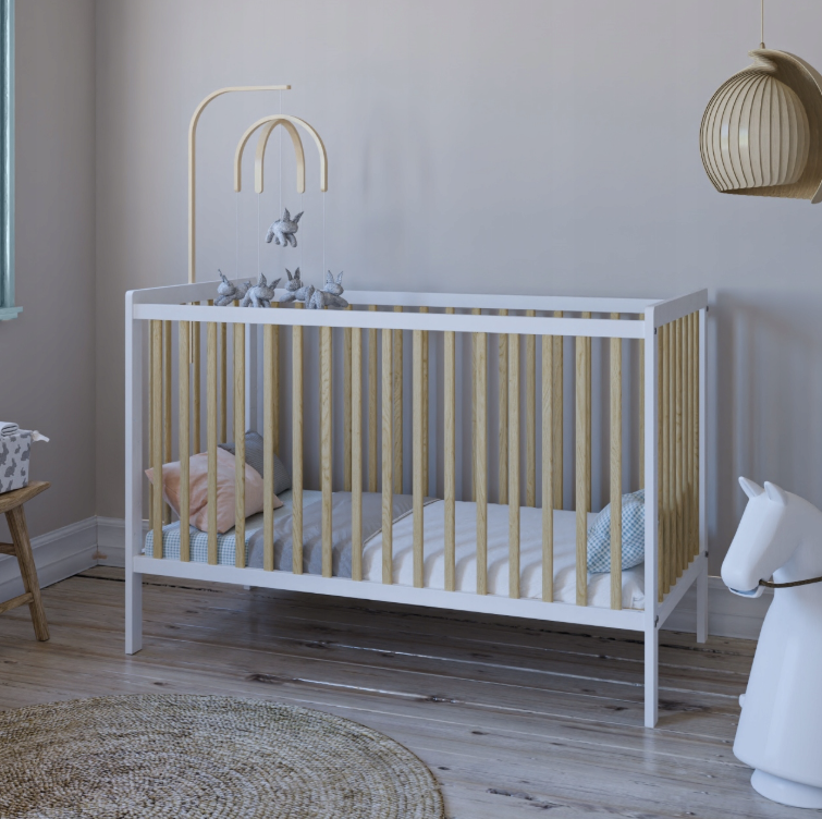 Pătuț 2 în 1 LUMI alb-natur 120x60 cm din Lemn, 3 niveluri somieră, Trepte detașabile + Barieră transformare [2]