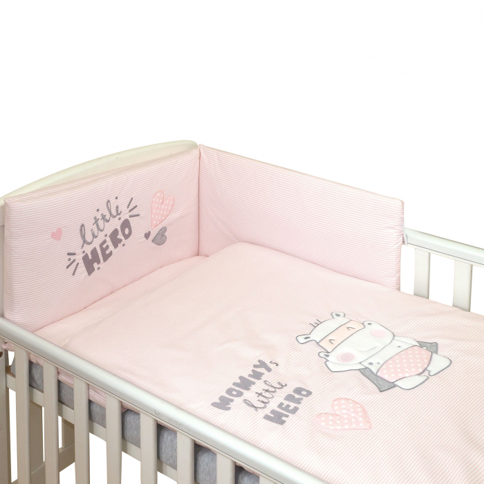 AMY - Lenjerie 3 piese Cu protectie laterala Little Hero din Bumbac, 120x60 cm, Roz [5]