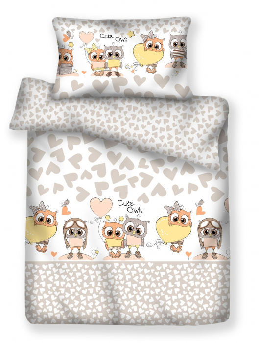 Set lenjerie din bumbac cu protectie laterala pentru pat bebe 120 x 60 cm, Bufnite Bej, Amy [2]