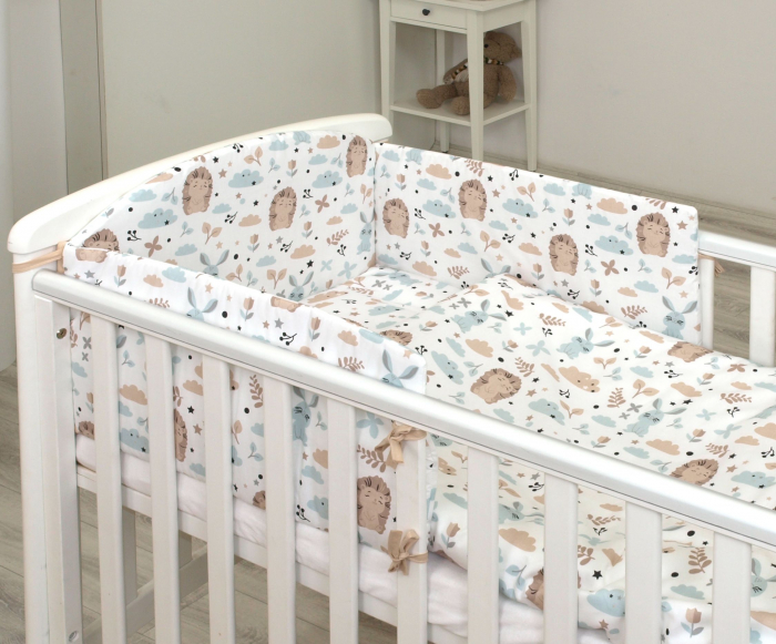 Set lenjerie din bumbac cu protectie laterala pentru pat bebe 120 x 60 cm, Iepuras Blue, Amy [2]