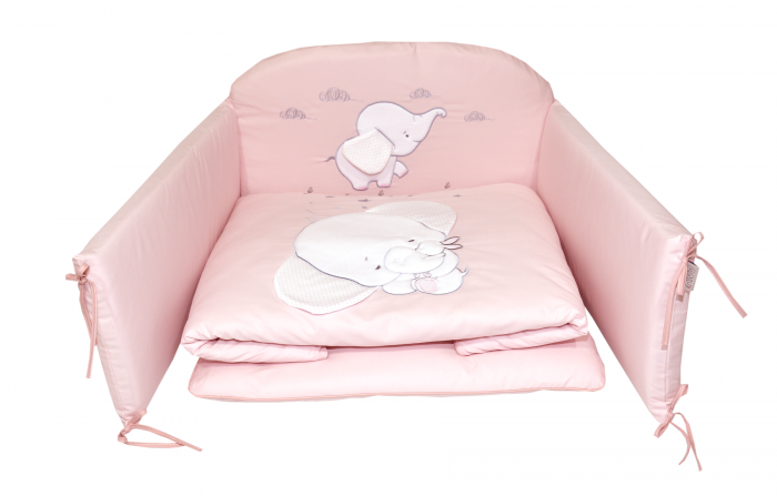 AMY - Lenjerie 3 piese Cu protectie laterala Elefant din Bumbac, 120x60 cm, Roz [2]