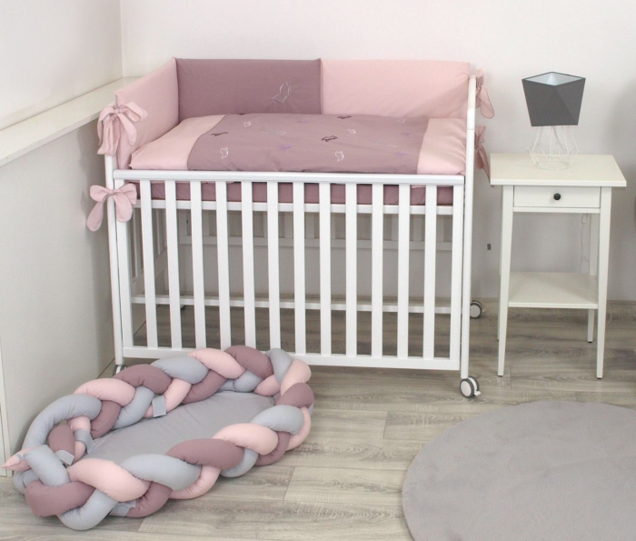 AMY - Lenjerie 3 piese Cu protectie laterala Fluturasi din Bumbac, 120x60 cm, Rose [3]