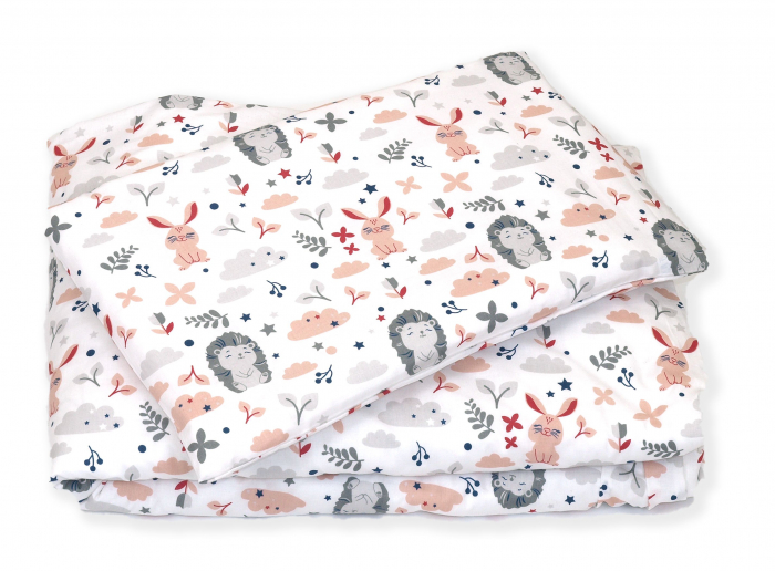Set lenjerie din bumbac cu protectie laterala pentru pat bebe 120 x 60 cm, Iepuras Roz, Amy [4]