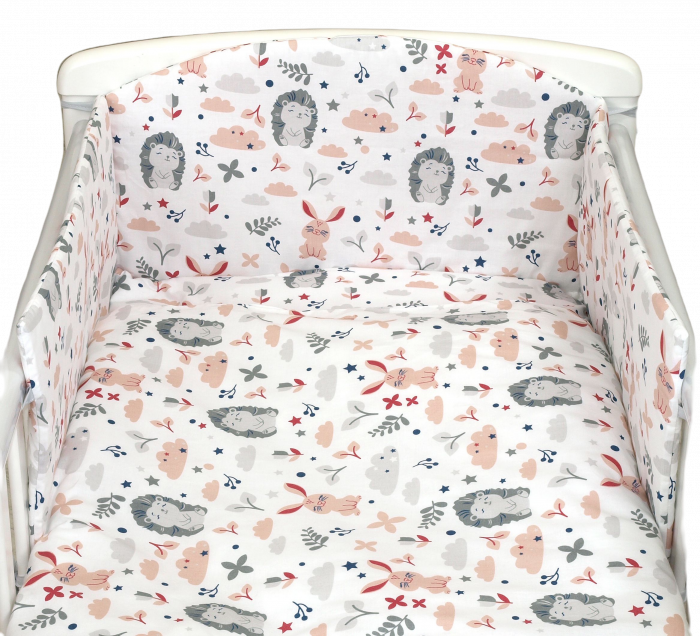 Set lenjerie din bumbac cu protectie laterala pentru pat bebe 120 x 60 cm, Iepuras Roz, Amy [6]