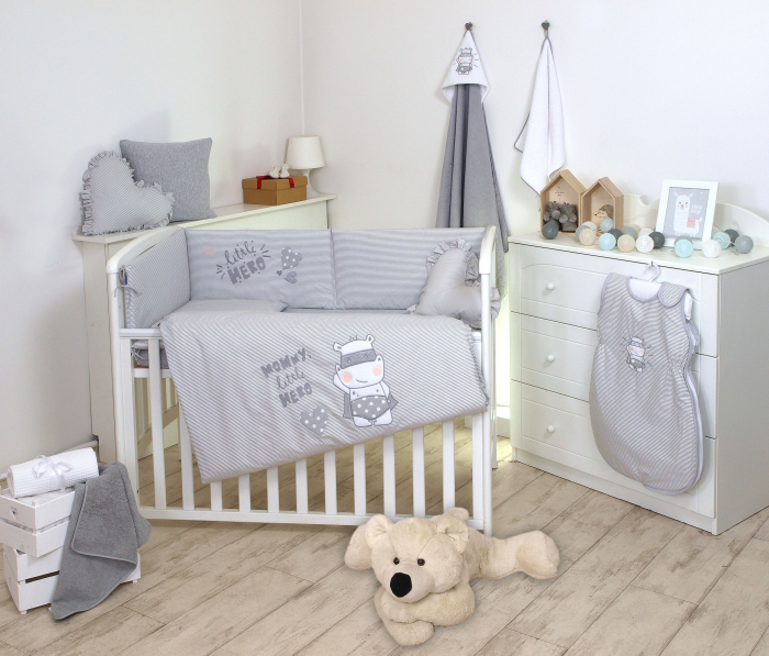 AMY - Lenjerie 3 piese Cu protectie laterala Little Hero din Bumbac, 120x60 cm, Gri [3]