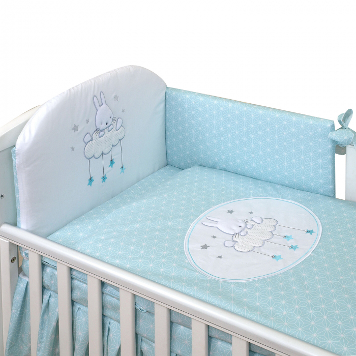 AMY - Lenjerie 3 piese Cu protectie laterala Sky Bunny din Bumbac, 120x60 cm, Turcoaz [3]