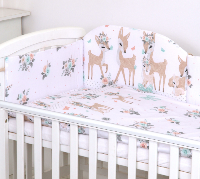 Set lenjerie din bumbac cu protectie laterala pentru pat bebe 120 x 60 cm, Caprioara Boho Alb, Amy [3]