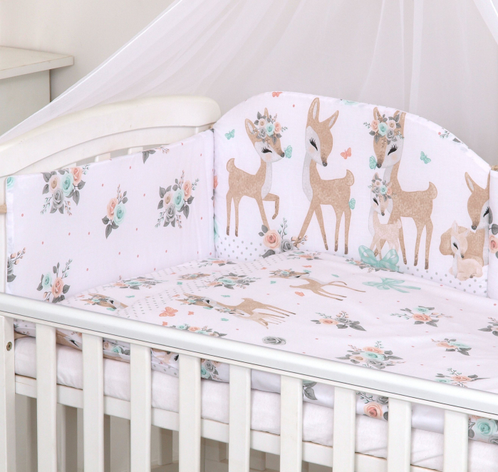 Set lenjerie din bumbac cu protectie laterala pentru pat bebe 120 x 60 cm, Caprioara Boho Alb, Amy [2]