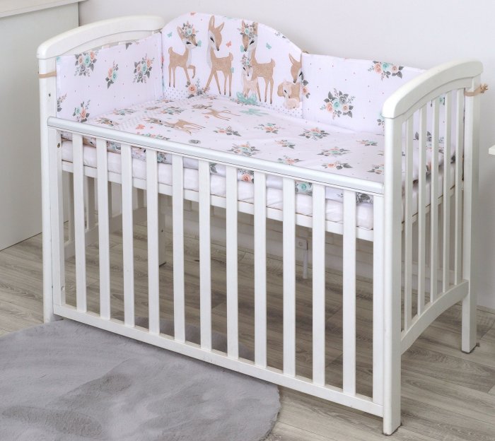 Set lenjerie din bumbac cu protectie laterala pentru pat bebe 120 x 60 cm, Caprioara Boho Alb, Amy [6]