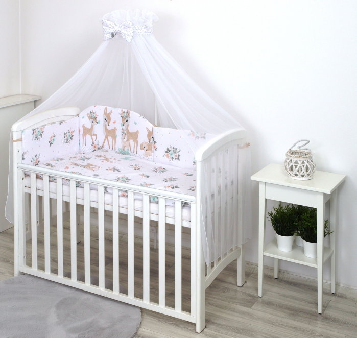 Set lenjerie din bumbac cu protectie laterala pentru pat bebe 120 x 60 cm, Caprioara Boho Alb, Amy [7]