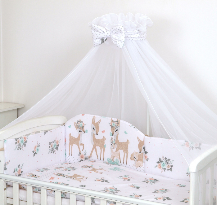 Set lenjerie din bumbac cu protectie laterala pentru pat bebe 120 x 60 cm, Caprioara Boho Alb, Amy [4]