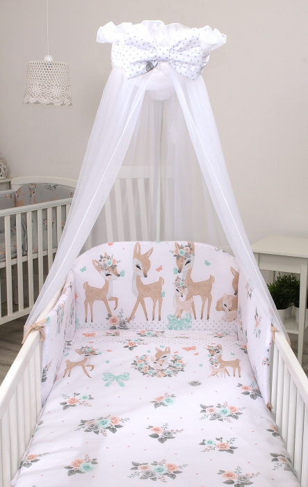 Set lenjerie din bumbac cu protectie laterala pentru pat bebe 120 x 60 cm, Caprioara Boho Alb, Amy [5]